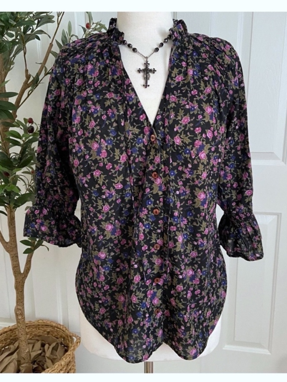 FREE PEOPLE Black Floral Boho Blouse